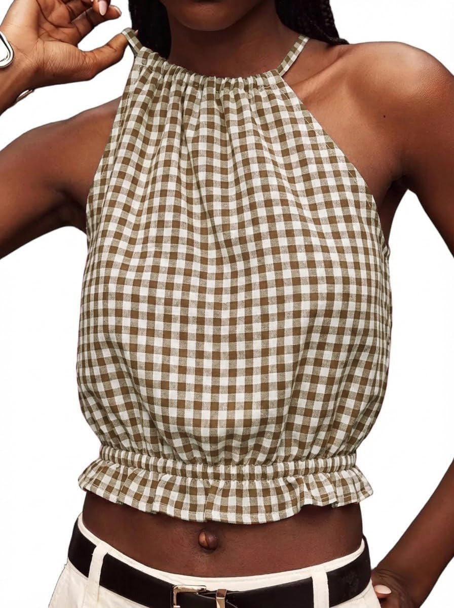 IDEALSANXUN Womens Crop Linen Halter Tops Summer High Neck Tank Tops Sleeveless Shirts | Amazon (US)