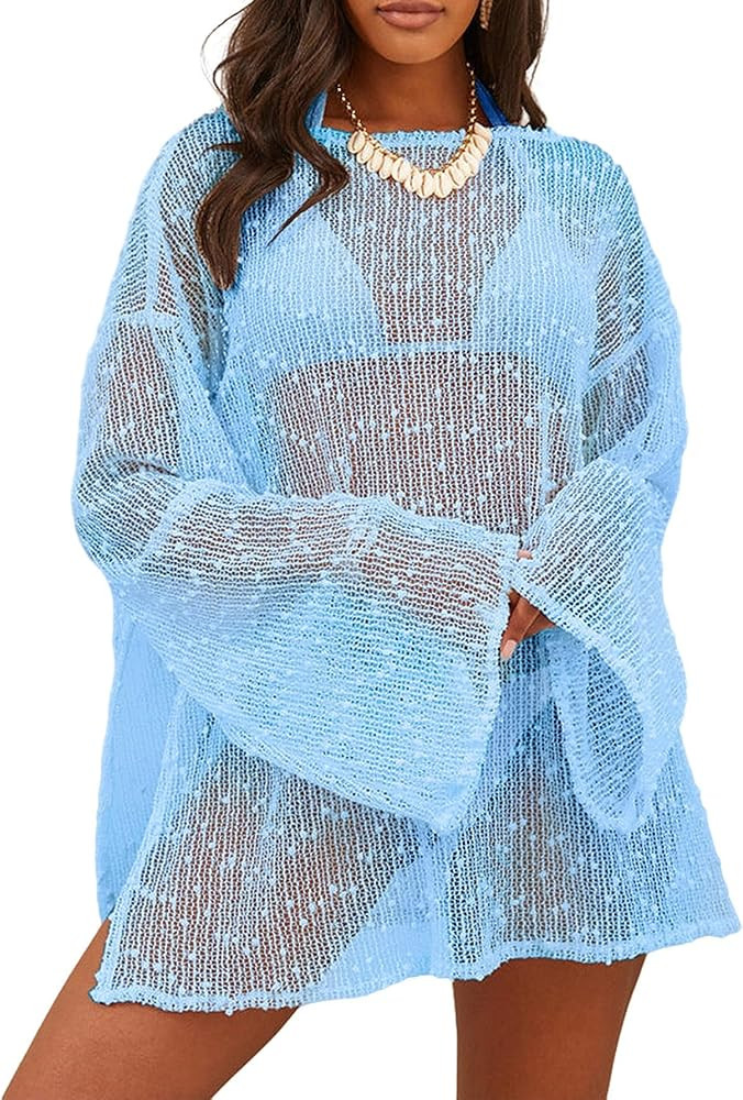Sexy Crochet Sheer Kaftan Caftan Beach Dress Bathing Suit Swim Coverup Summer Vacation Outfits On... | Amazon (US)