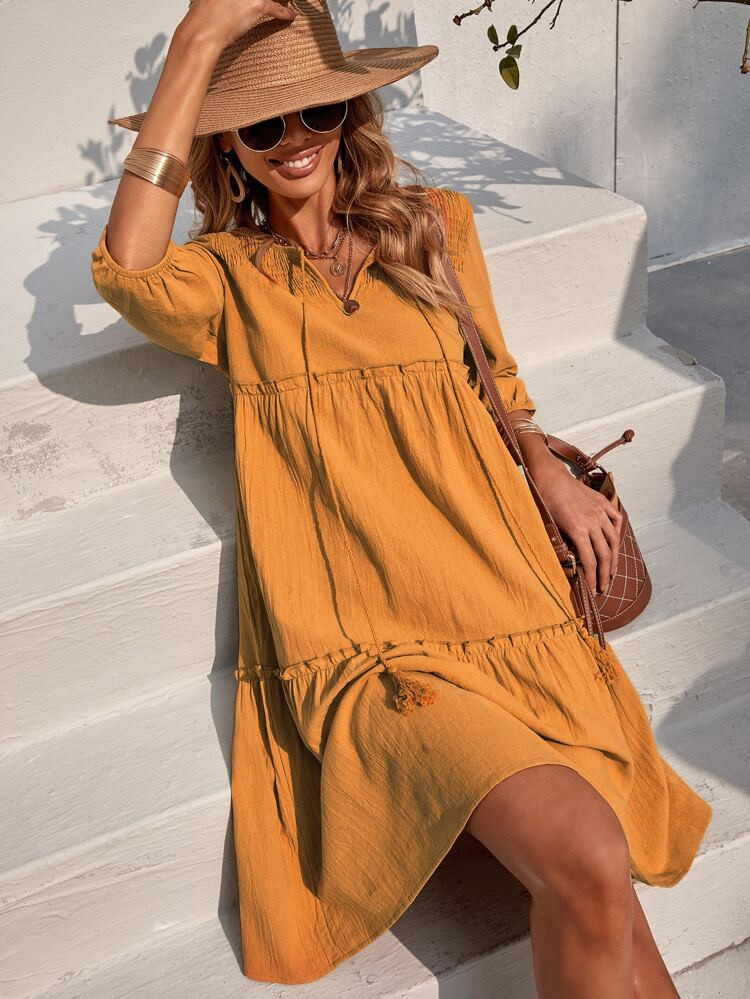Solid Lettuce Trim Fringe Smock Dress | SHEIN