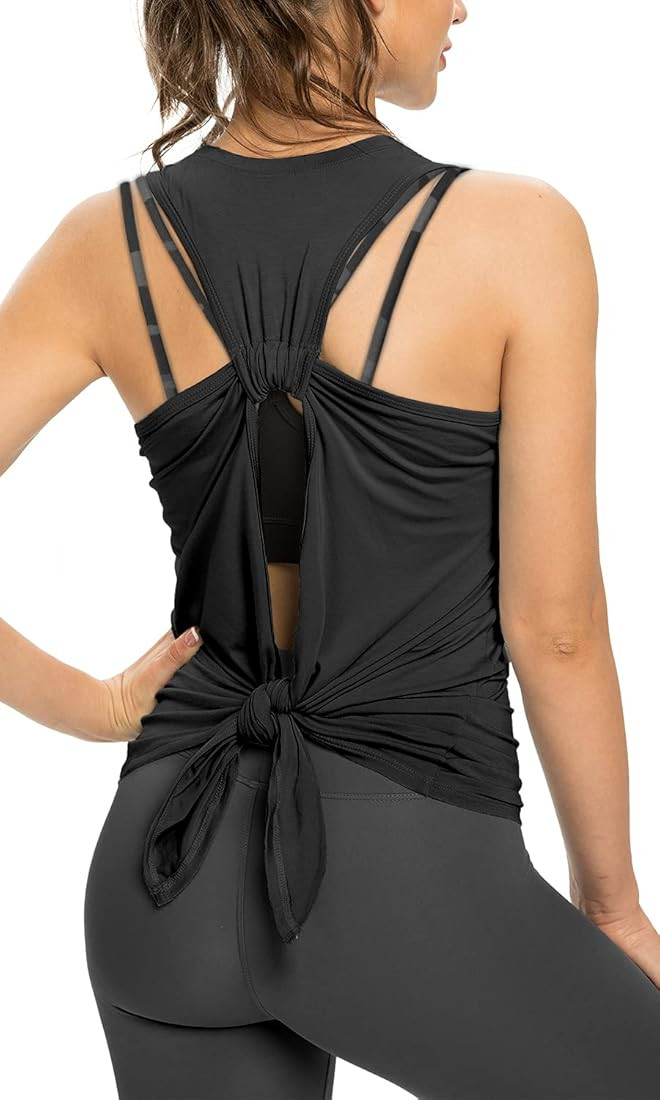Sanutch Open Back Workout Top Backless Yoga Shirts Tie Back Workout Tank for Women | Amazon (US)
