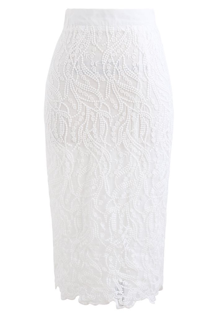 Embroidered Vine Organza Pencil Skirt in White | Chicwish