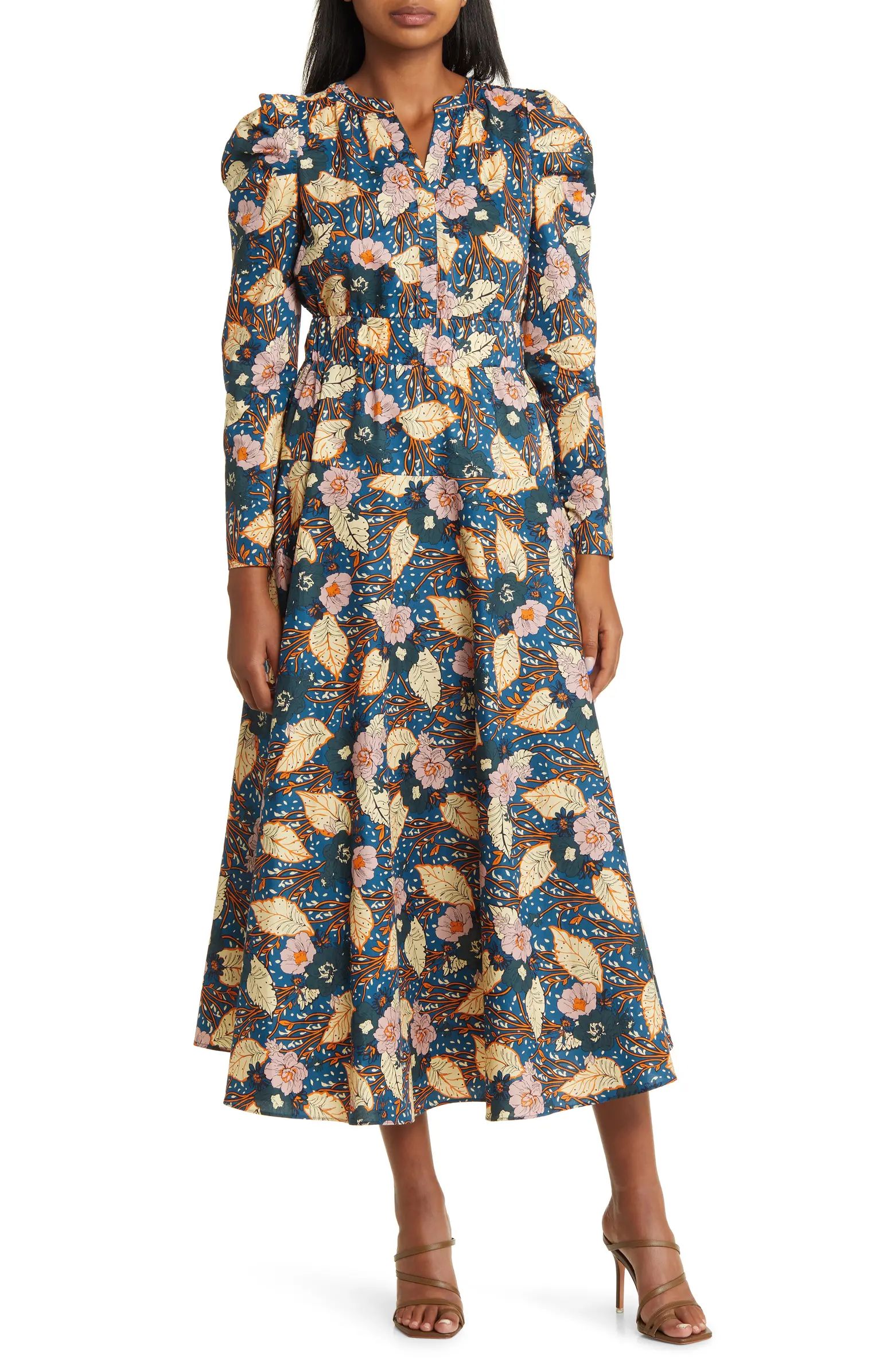 Floral Print Belted Long Sleeve A-Line Dress | Nordstrom