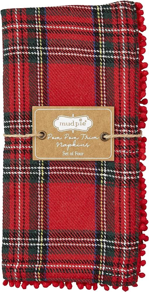 Mud Pie Tartan Pom Napkin Set, Red, 16" x 16" | Amazon (US)