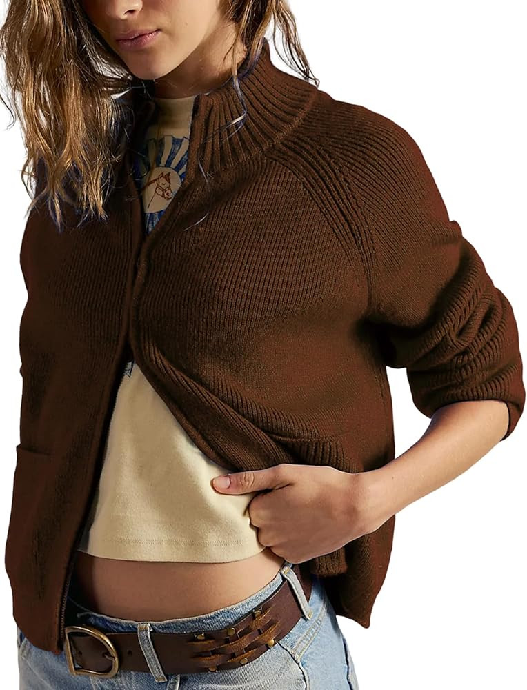 Wyeysyt Zip Up Sweaters for Women Cropped Chunky Cardigan Mock Neck Long Sleeve Ribbed Knit Cardi... | Amazon (US)