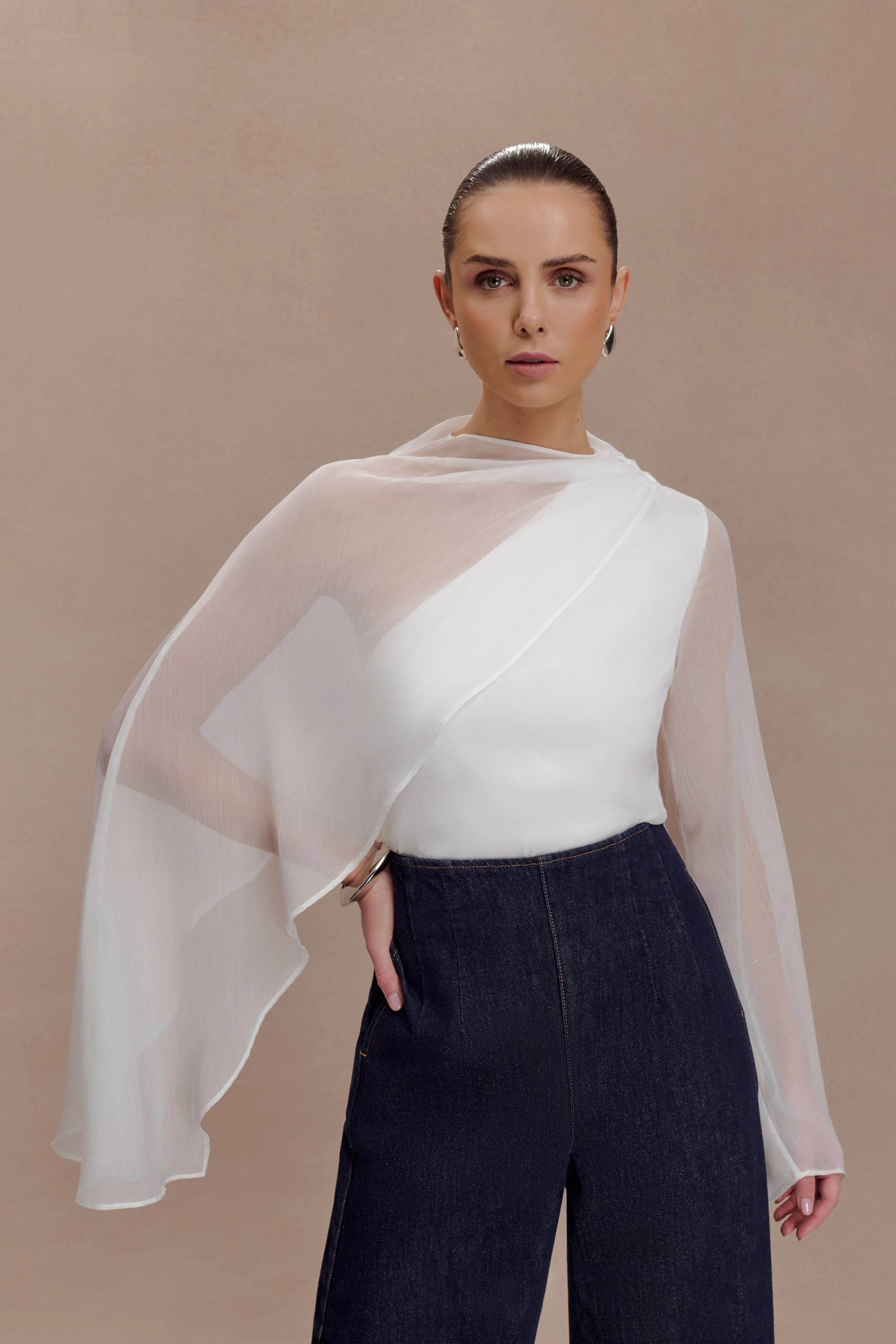 Ida Sheer Asymmetrical Long Sleeve Cape - White | Meshki UK