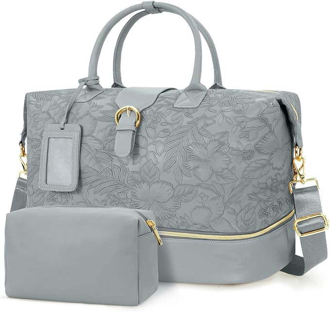 Leather Weekender Bags for Women, Travel Duffel Bag PU Overnight Bag Carry On Tote Bag with Shoe ... | Amazon (US)