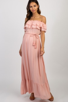 Pink Off Shoulder Tassel Tie Maternity Maxi Dress | PinkBlush Maternity