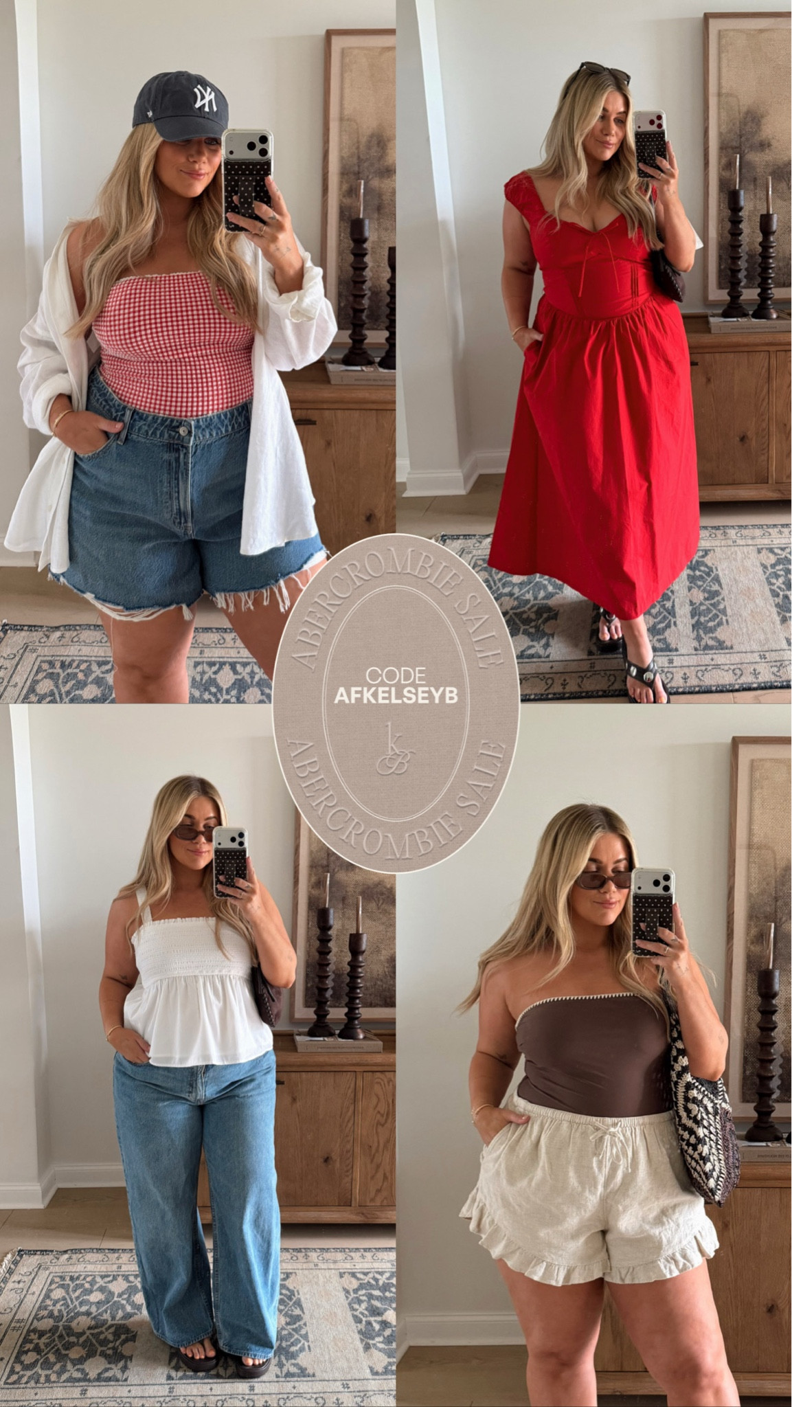 Abercrombie sale❤️ Code: AFKELSEYB

One piece swim- large
Cream shorts- XL
Denim shorts- 34 
Button down- XL
Red dress- large 
Jeans- 34
White top- large

#LTKgrwm #LTKMidsize #LTKSaleAlert