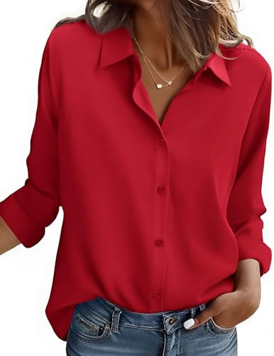 Zeagoo Christmas Red Button Down Shirt Women Basic Long Sleeves Collared Dressy Casual Solid Tops Formal Work Dress Blouses L | Amazon (US)