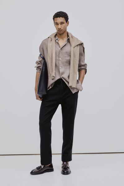 Regular Fit Linen-blend Pants - Regular waist - Long - Navy blue - Men | H&M US | H&M (US + CA)