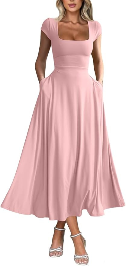 YMDUCH Women's Casual Short Sleeve Square Neck Solid Slim Flowy Maxi Dress with Pockets | Amazon (US)