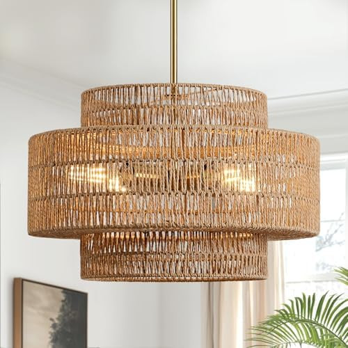 4-Light Boho Rattan Chandelier Light Fixture, 17.7” Hand Woven Rustic Chandeliers Farmhouse Cha... | Amazon (US)