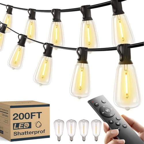 addlon 200ft/150ft/100ft/50ft/27ft IP54 Waterproof LED Outdoor String Lights with Remote Control - ETL Listed, Shatterproof ST38 Bulbs, Dimmable & Connectable (200FT + (Remote Control)) | Amazon (US)