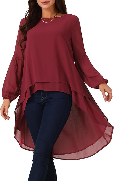 Seta T Women's High Low Tops Lantern Long Sleeve Round Neck Dressy Casual Chiffon Asymmetrical To... | Amazon (US)