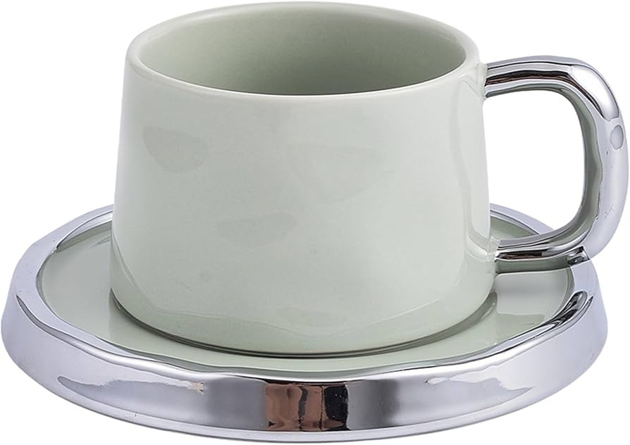 8.4oz Solid Color Ceramic Coffee Cup with Saucer, Luxurious Tea Cup and Silver Edge Saucer Set fo... | Amazon (US)