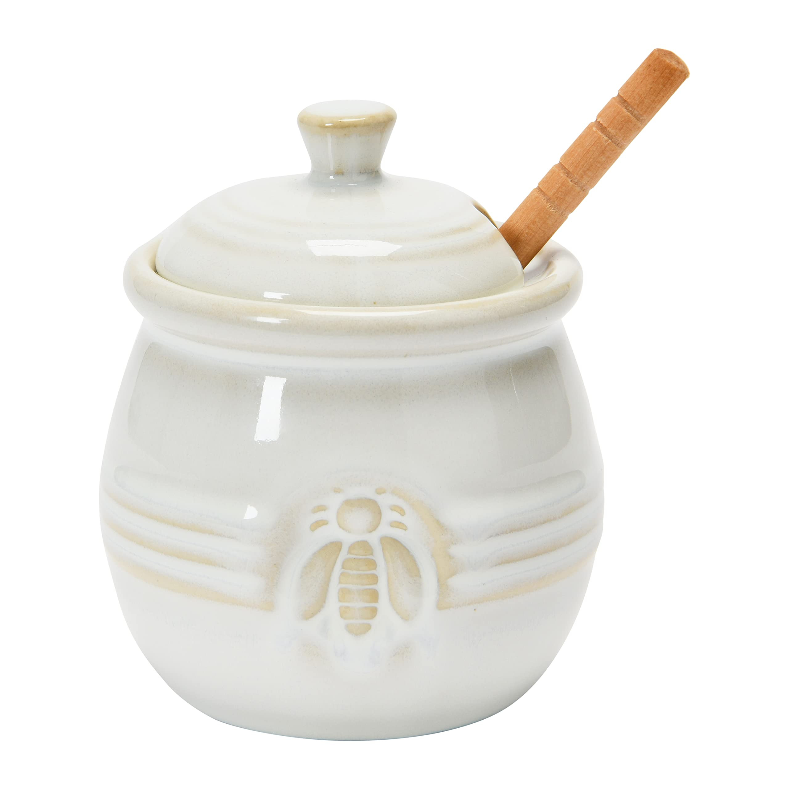 Creative Co-Op Farmhouse Embossed Stoneware Honey Pot with Wood Honey Dipper, White | Amazon (US)