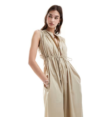 ASOS DESIGN shirred shoulder tie waist wide leg jumpsuit in taupe | ASOS | ASOS (Global)