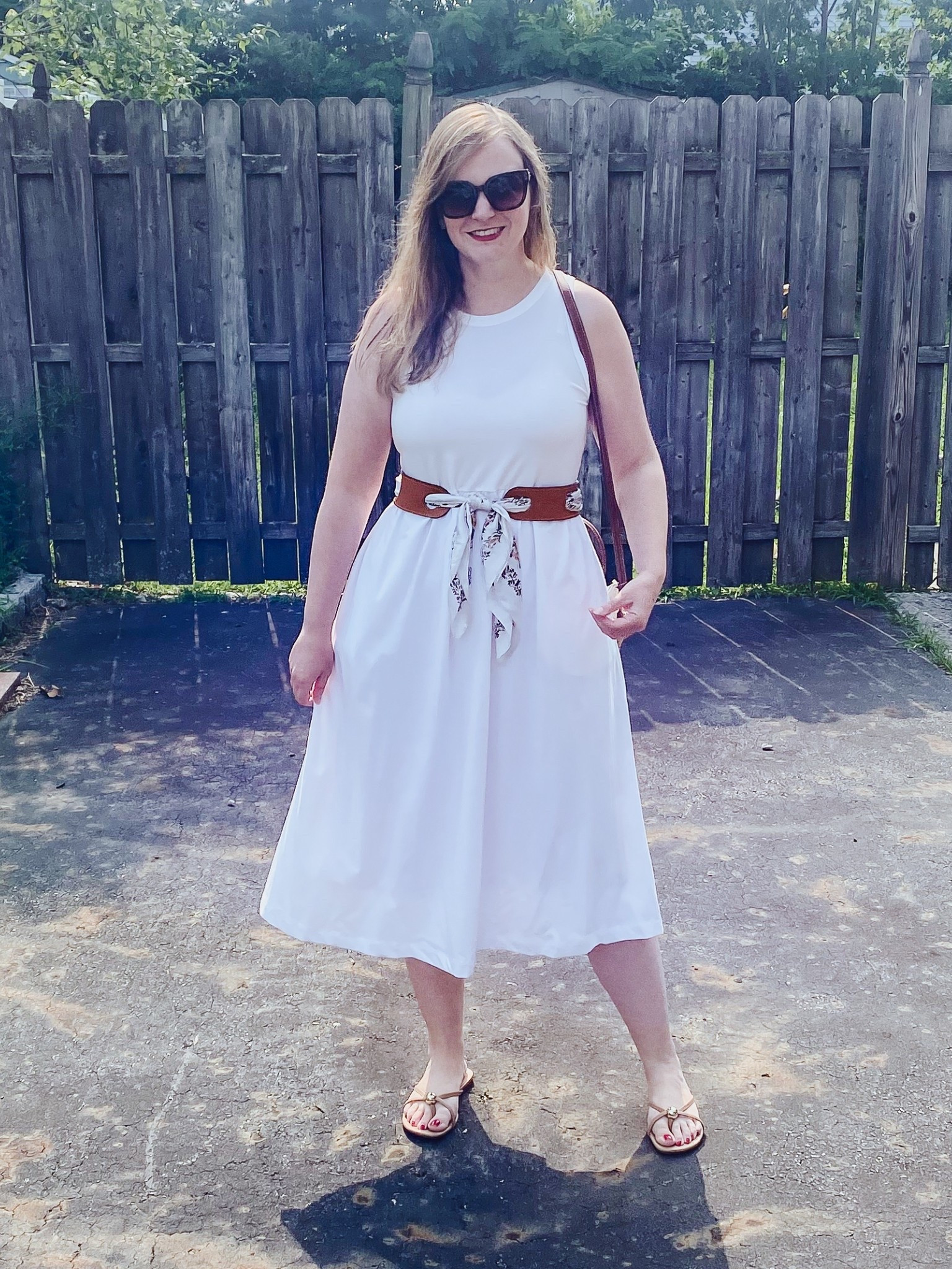 Leather scarf belt 
Satin scarf 
White tank dress 
Straw bag 

#LTKSeasonal #LTKFindsUnder100 #LTKShoeCrush