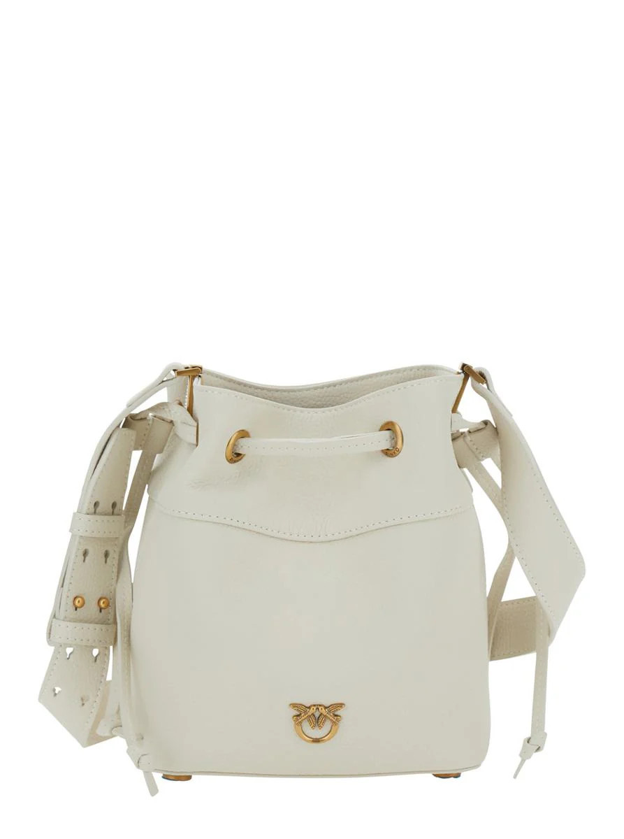 White Mini Bucket Bag With Metallic Love Birds Logo On The Front In Hammered Leather Woman | Baltini