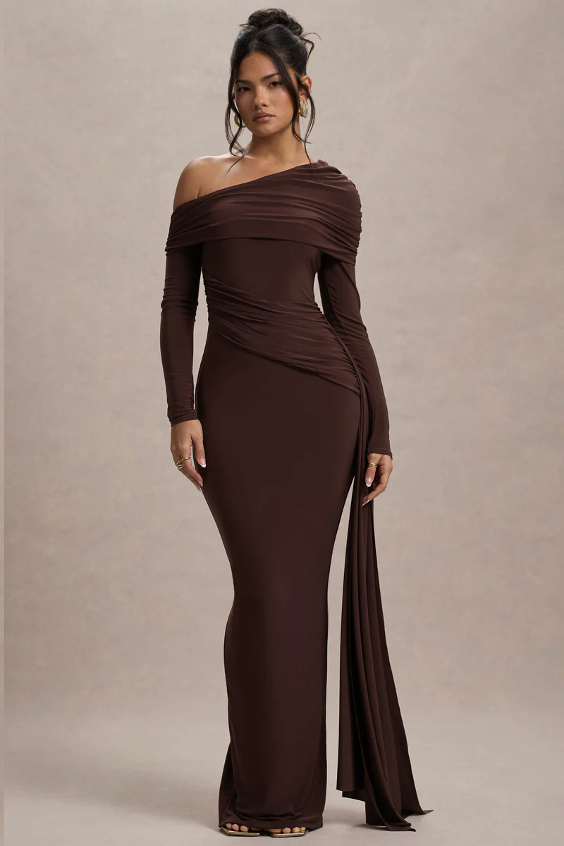 Valina  Brown Ruched Asymmetric Maxi Dress With Drape | Club L London
