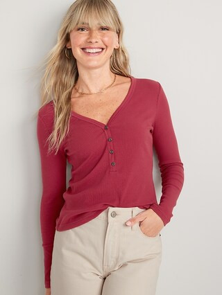 Fitted Long-Sleeve Rib-Knit Henley Top for Women | Old Navy (CA)