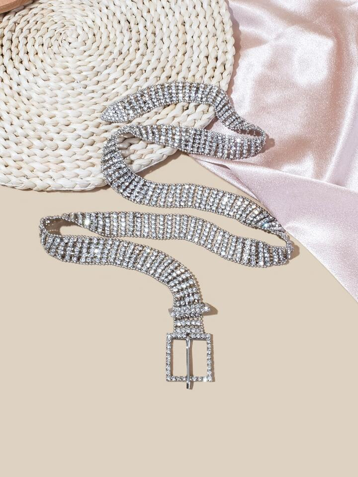 1pc Women Silver Gorgeous Rhinestone Decor Square Buckle Belt For Party | SHEIN