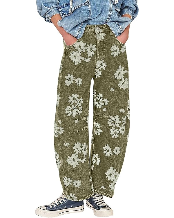 loveimgs Women Y2k Distressed Barrel Jeans Baggy Wide Leg Jeans Floral Printed Boyfriend Patchwor... | Amazon (US)