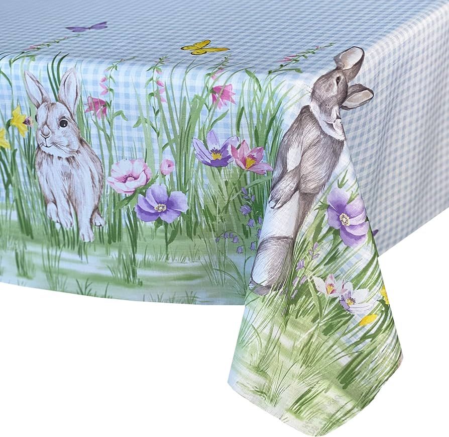 Newbridge Easter Bunny Meadow Fabric Bordered Tablecloth - Blue Gingham Bunny Rabbit Wrinkle and ... | Amazon (US)