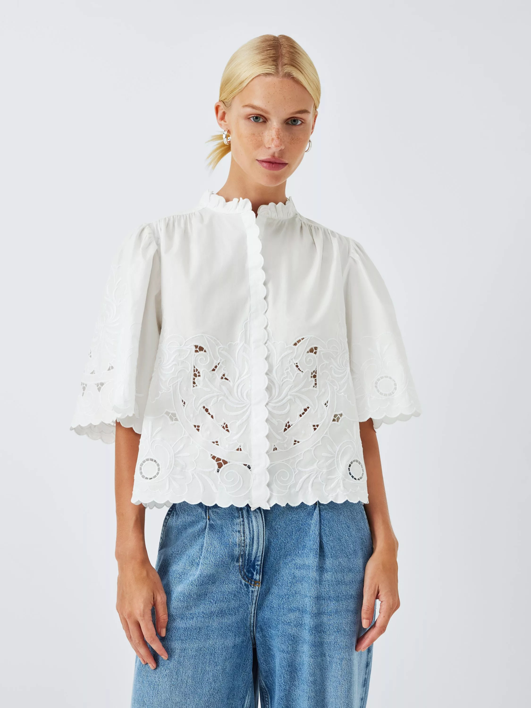 AND/OREmbroidered Cutwork Scallop Top, White | John Lewis (UK)