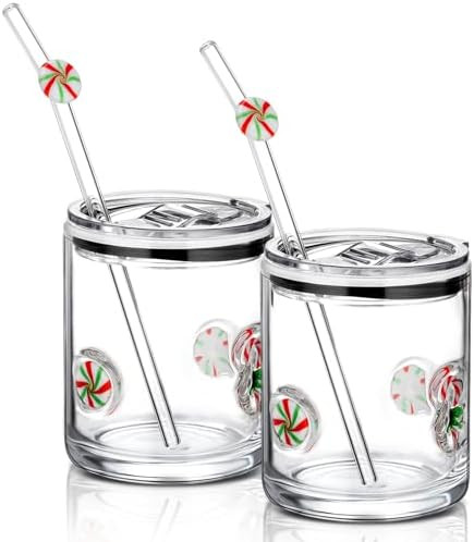 Patelai 2 Pcs Christmas Candy Cane Icon Glasses Cups with Lids and Straws 15oz Reusable Drinking ... | Amazon (US)