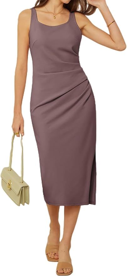 GRACE KARIN Women's Midi Summer Dresses Square Neck Sleeveless Ruched Bodycon Cocktail Party Dres... | Amazon (US)