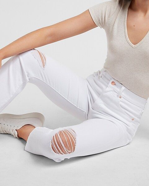 High Waisted White Ripped Raw Hem Cropped Flare Jeans | Express
