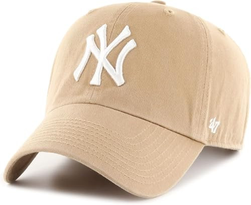 47 Brand MLB Khaki White Primary Logo Clean Up Adjustable Strap Baseball Dad Hat Cap, Adult One Size Fits All - New York Yankees - Khaki White | Amazon (US)