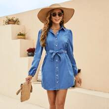 Button Front Belted Denim Dress | SHEIN