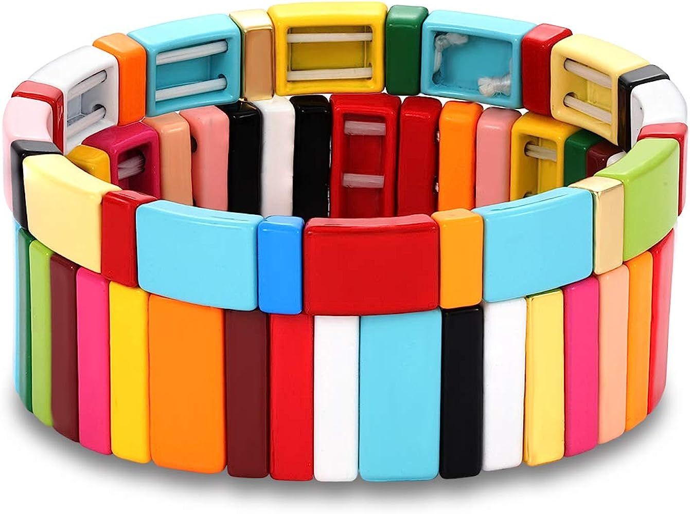 ANGLESJELL Enamel Tile Bracelets Rainbow Tile Bead Bracelets Elastic Colorful Rectangle Beaded St... | Amazon (US)