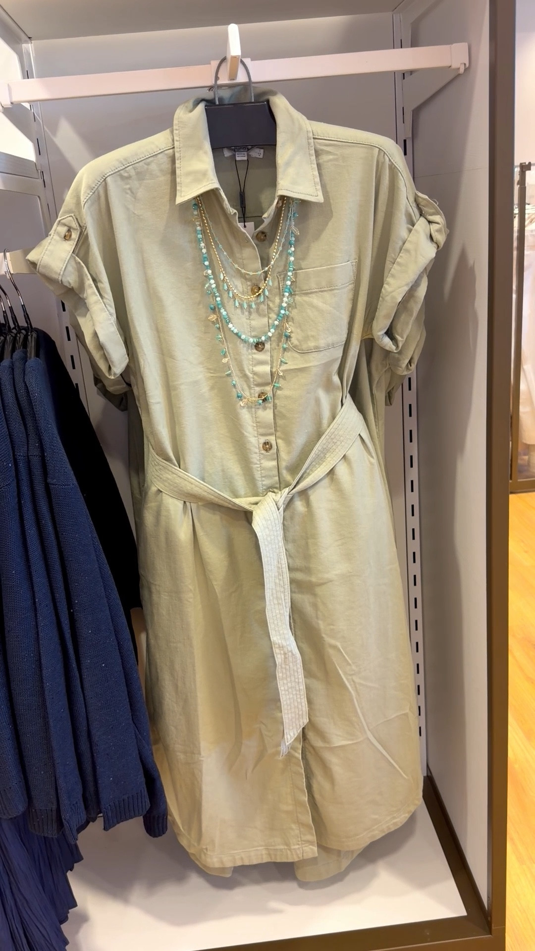 Dolman tie waist shirt dress. Rendered in soft-stretch, hemp denim with classic shirting details including a shirttail hem, button-front, and point collar. Finished with roll tab sleeves, an intricately crafted self belt, and relaxed drop shoulder.
Multi strand aqua layering necklace with beads and gold chain

#LTKOver40 #LTKootd #LTKWorkwear