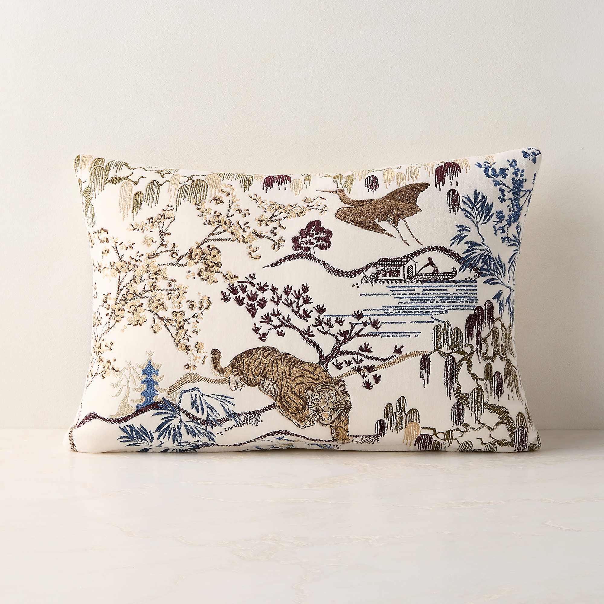 Sloane Multi Embroidered Velvet Lumbar Pillow with Down-Alternative Insert 22"x15" | CB2 | CB2