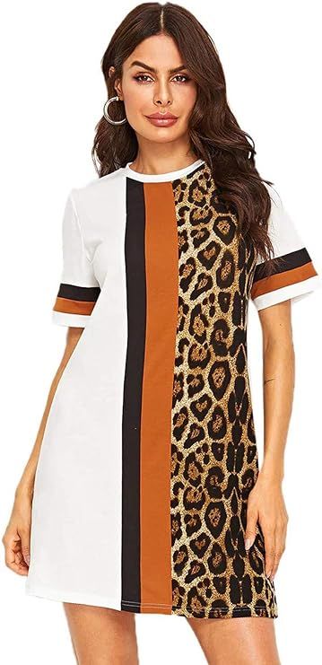Floerns Women's Short Sleeve Color Block Leopard Print Tunic Dress | Amazon (US)