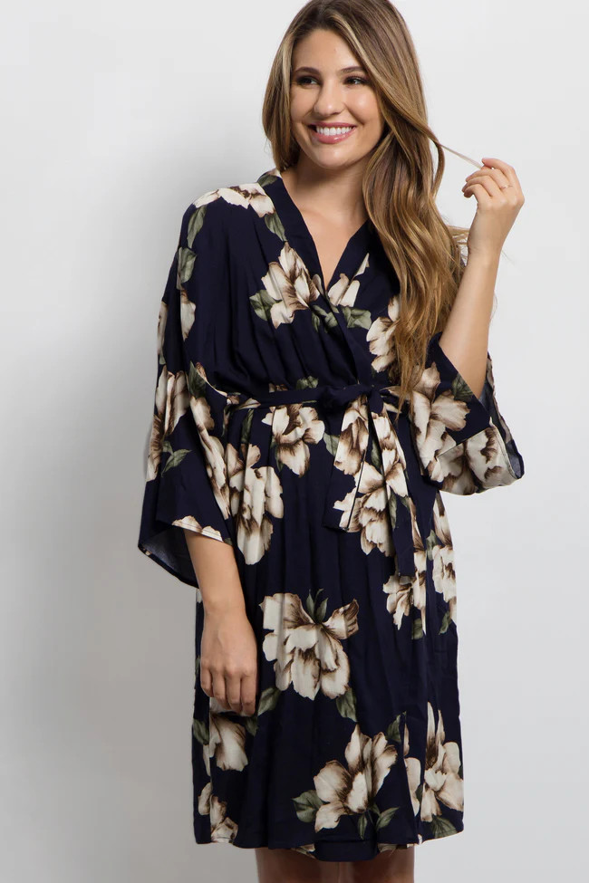PinkBlush Navy Blue Floral Print Delivery/Nursing Maternity Robe | PinkBlush Maternity