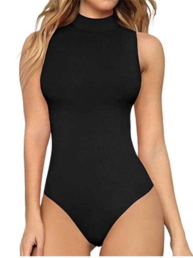 INAWLY Solid Color Mock Neck Slim Fit Sleeveless Bodysuit | SHEIN