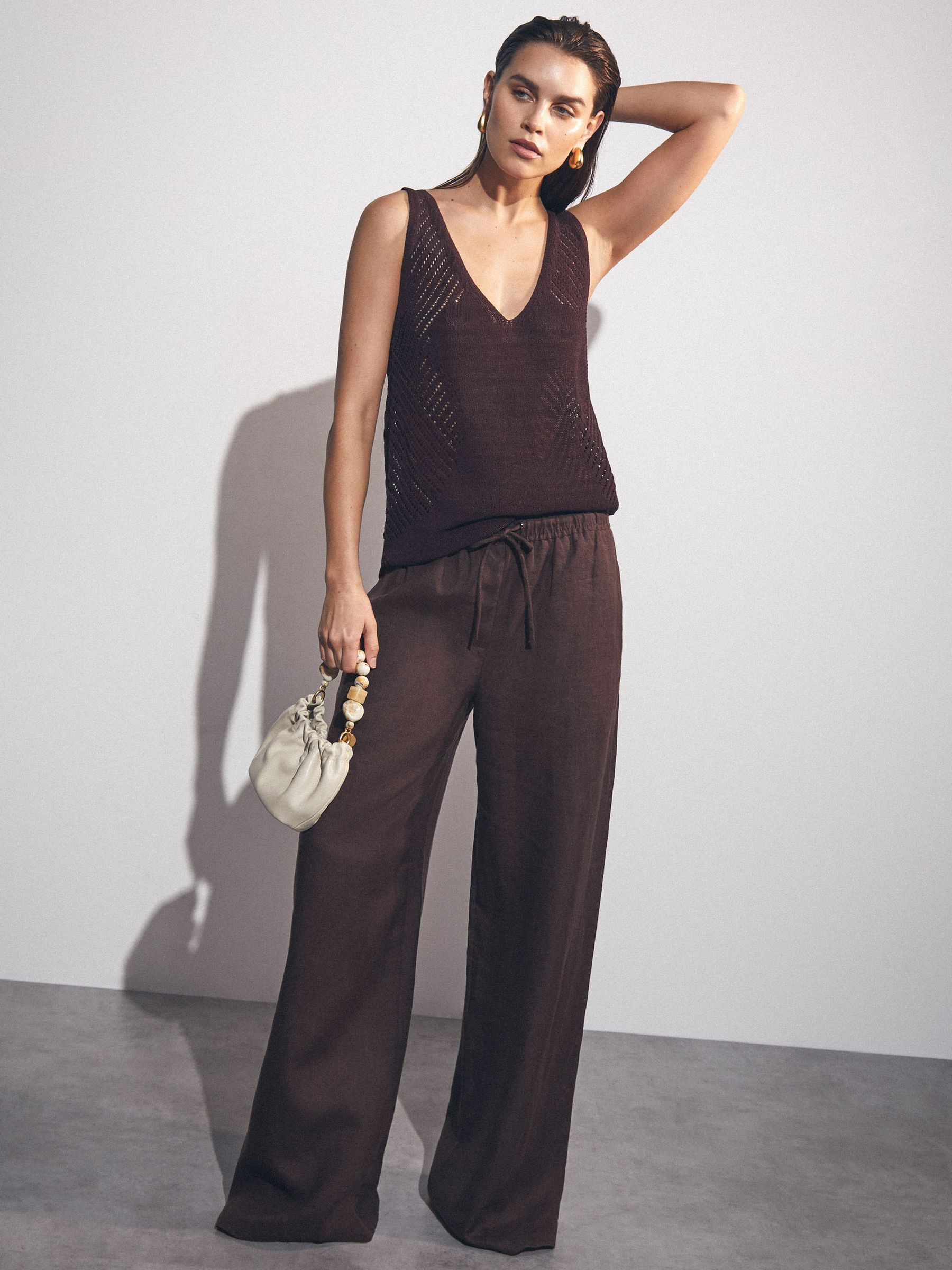 Linen-Blend Wide-Leg Trousers in Chocolate Brown | Reiss UK