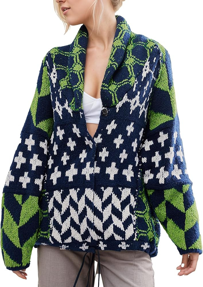 Women Boho Cardigan Sweaters Button Down Shawl Collar Oversized Sweater Coats Y2k Print Cardigans... | Amazon (US)