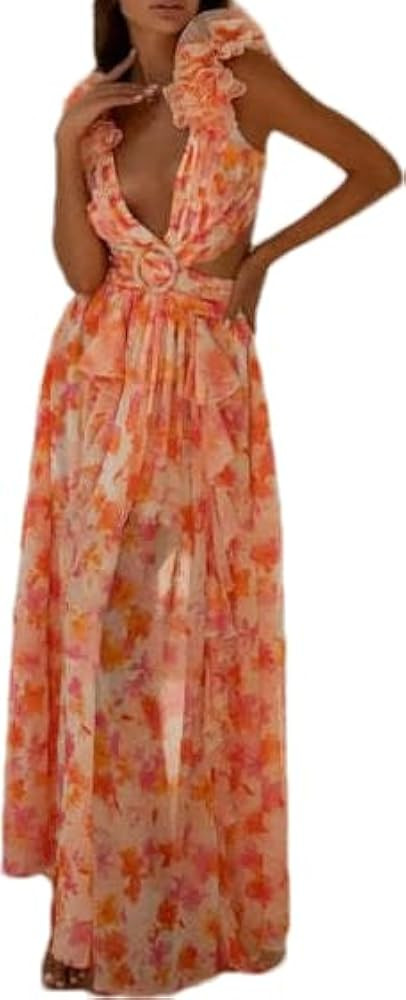 LOUSEA Women's Ruffle Flower Summer Dress Backless Floral Dress deep Vneck Sleeveless Flowy Maxi ... | Amazon (US)