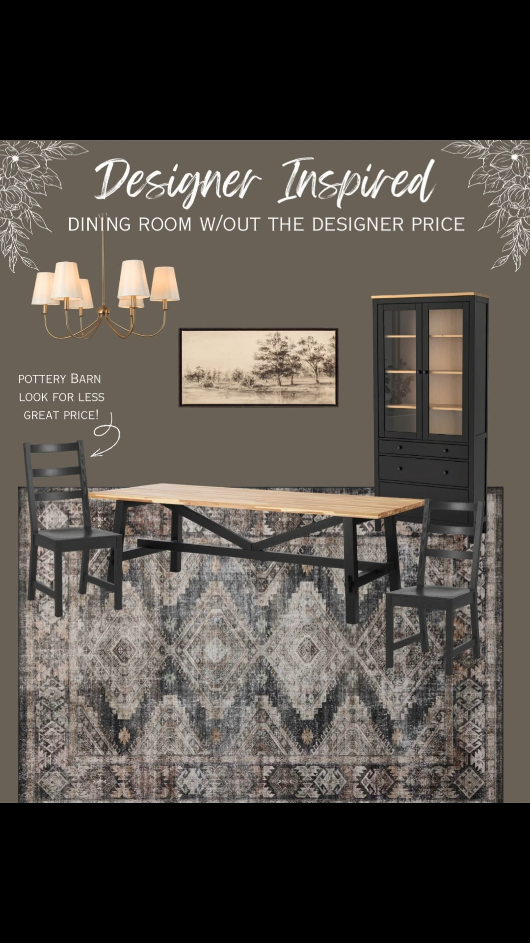 Dining room inspo! These dining chairs look almost identical to pottery barn! I love the moody vibes the area rug adds!👌 the chandelier is an all time fan favorite so classic and pretty. The two toned cabinet gives this room such a high end look! And this dining table absolutely gorgeous wood tones😍 I also included a few dining room home decor items below that are not pictured. dining chairs, dining table, dining room table, dining chair, dining room, mood board, cabinet, curio cabinet, dining cabinet, moody rug, vintage rug, area rug, chandelier, dining room chandelier, look for less, dining room rug, wall art

#LTKSaleAlert #LTKHome #LTKvlog