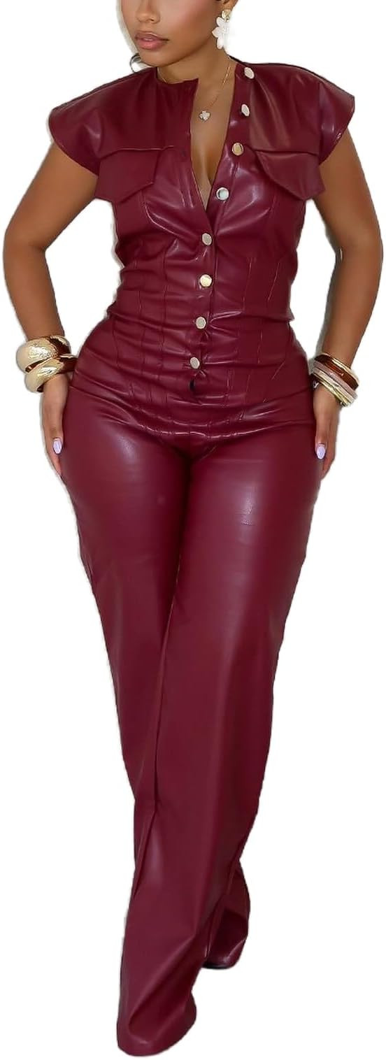 Womens Sexy PU Leather Jumpsuit Button Sleeveless Top Tight Waist Wide Leg Pants One Piece Jumpsu... | Amazon (US)