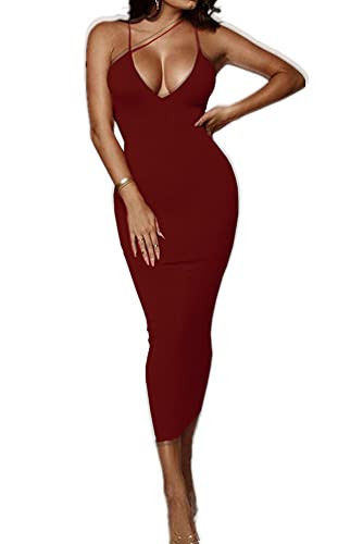 PRIMODA Women's Sexy Neon Asymmetrical Spaghetti Strap Dress Deep V-Neck Sleeveless Bodycon Midi Club Dress (Burgundy,M) | Amazon (US)