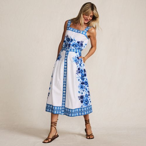 Women's Petite Poplin Border Print Midi Skirt - Set Bottom - Lands' End - Blue - 16 | Lands' End (US)