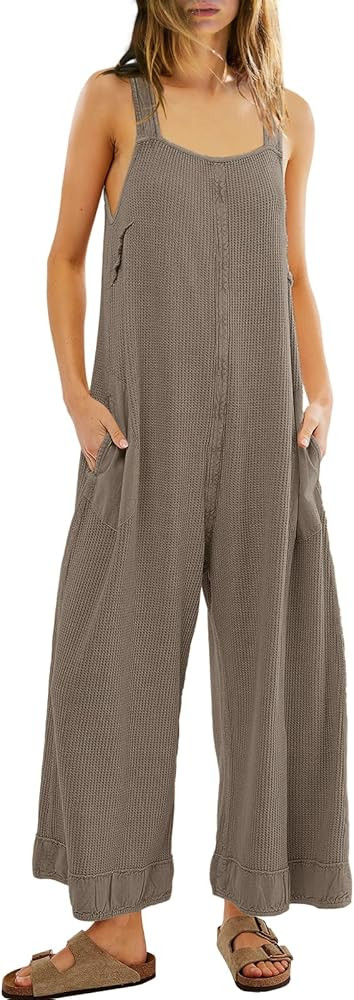 SENSERISE Womens Wide Leg Jumpsuits Waffle Knit Open Back Romper with Pockets Casual Loose Overal... | Amazon (US)