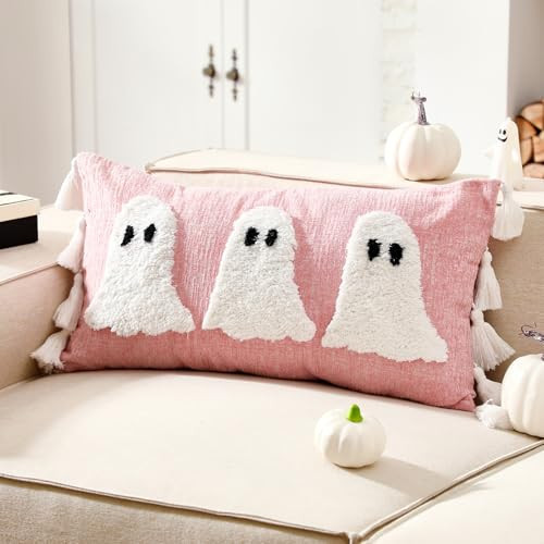 HunnmingRe Halloween Ghost Pillow with Tassel 14 x 26 Inch Pink Ghost Spooky Lumbar Throw Pillow Halloween Home Living Room Sofa Couch Bed Chair Holiday Party Decoration | Amazon (US)