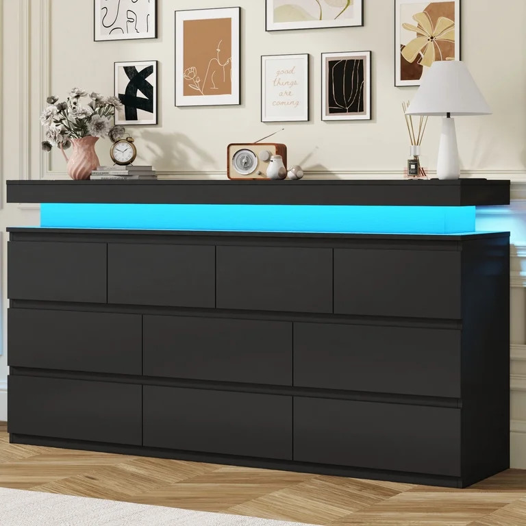 ChVans Black 10 Drawer Dresser with LED Lights, 63" Wide Modern Wood Chest of Drawers with Chargi... | Walmart (US)